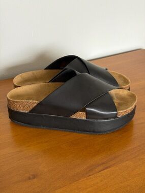 Black Leather Flatform Platform Cork Comfort Sole Sandals Free People Sidelines